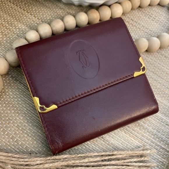 EUC CARTIER Bordeaux Burgundy Leather Double Sided, Card/Coin/Money Wallet - Picture 3 of 15